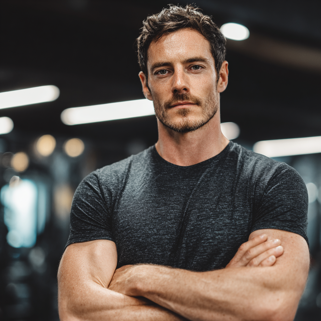Confident athletic man in modern gym setting showing determination and focus during workout