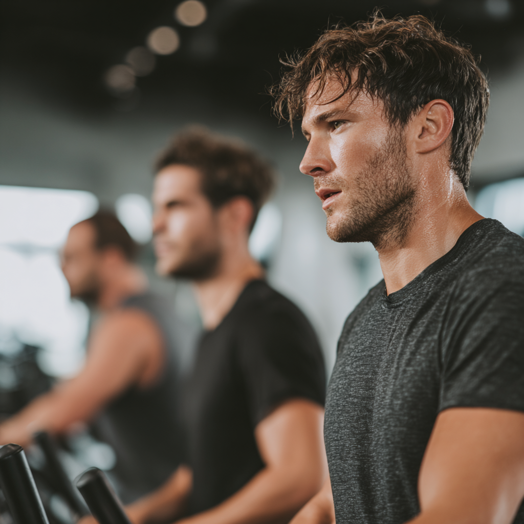 Group of focused men training together in modern fitness facility with professional equipment