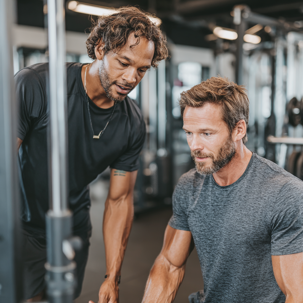 Professional trainer demonstrating proper form and technique to focused male client in high-end training facility